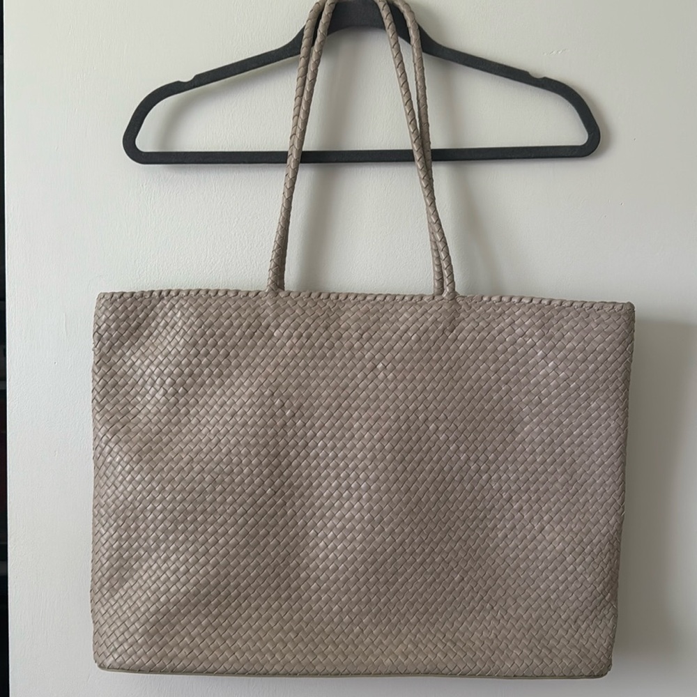 Quince Italian Leather Handwoven Tote in Taupe